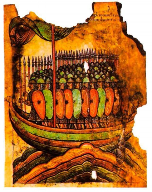 Корабль с нормандскими воинами. Миниатюра из французской рукописи. XII в.
