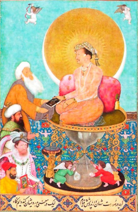 Джахангир оказывает внимание святому суфию, пренебрегая царями. Миниатюра. XVII в.