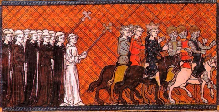 Людовик Святой с приближёнными выступает в Крестовый поход. Миниатюра. Начало XIV в.