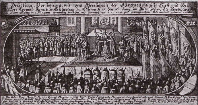 Коронация императора Леопольда в соборе Святого Мартина в Пресбурге (Братислава). Гравюра. 1655 г.