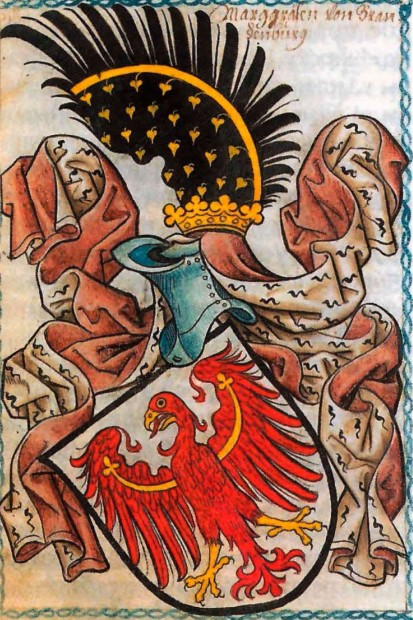 Орёл на гербе маркграфов Бранденбурга образца 1170 г. Из гербовника 1450-1480 гг.