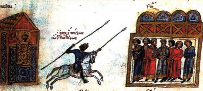 Арабский всадник демонстрирует искусство вольтижировки на константинопольском ипподроме в присутствии императора Феофила