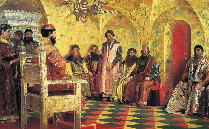 А. П. Рябушкин. Сидение царя Михаила Федоровича с боярами в его государевой комнате. 1893 г.