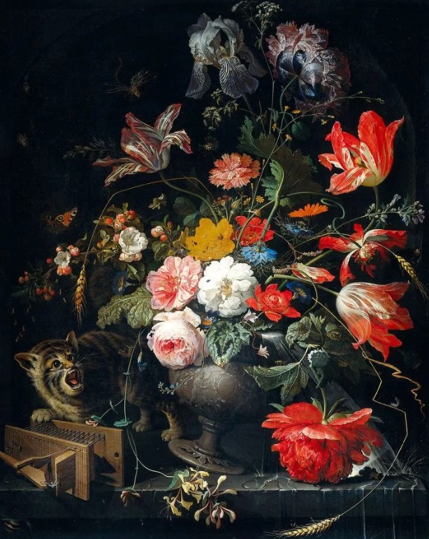 Натюрморт с котом и падающей вазой с цветами. Абрахам Миньон. XVII в.