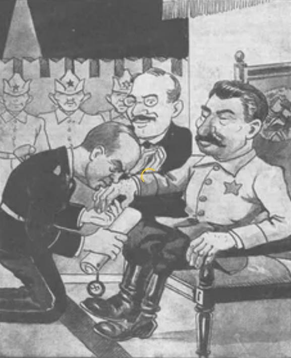 Карикатура на подписание пакта Молотова-Риббентропа. Польша. 1939 г.