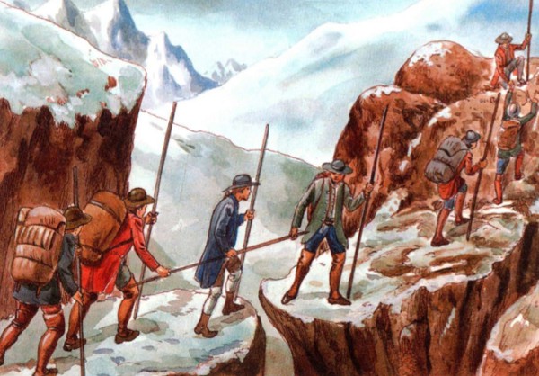 >В XVIII в. люди в горах опирались на палки и обходились примитивным снаряжением