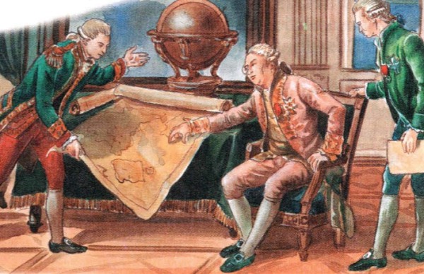 Людовик XVI и его министр объясняют Лаперузу стоящие перед ним задачи