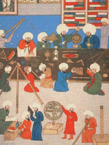 Астрономы в обсерватории Стамбула. Миниатюра из турецкой рукописи конца XVI в. 