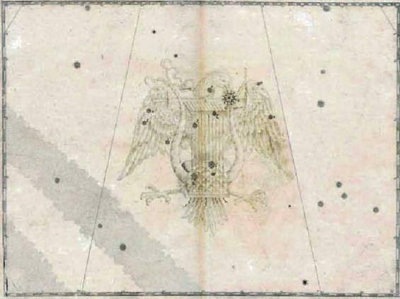 Созвездие Лира. Страница из звездного атласа «Уранометрия» Иоганна Байера. Вега изображена в клюве орла