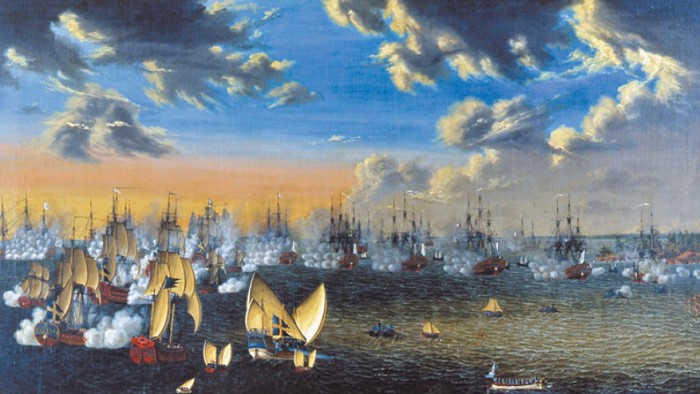 Шведские корабли прорываются в Роченсальмскую бухту. Й. Т. Шульц. 1803. Морской музей, Стокгольм 