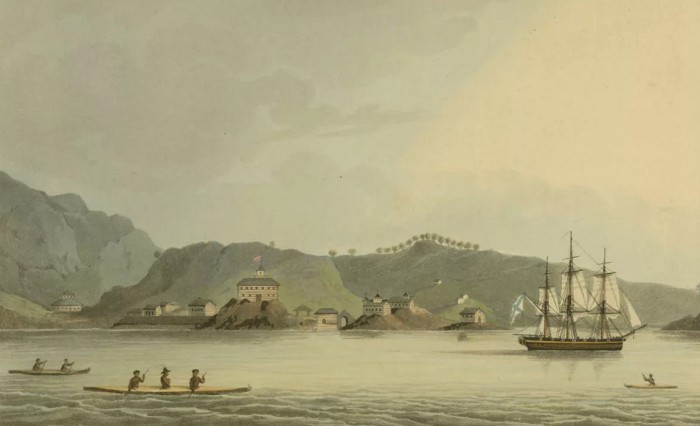 Шлюп «Нева» в гавани Святого Павла на острове Кадьяк. Гравюра И. Кларка по рисунку Ю. Ф. Лисянского. 1814