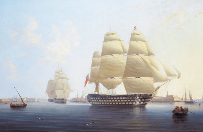 Флагман Средиземноморской эскадры Королевского флота — 110-пушечный линейный корабль «Квин» — у берегов Мальты. Р. С. Томсон. 1842