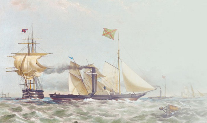 Британский колесный пароходофрегат «Поверфул» идет под парусами. Национальный морской музей, Лондон