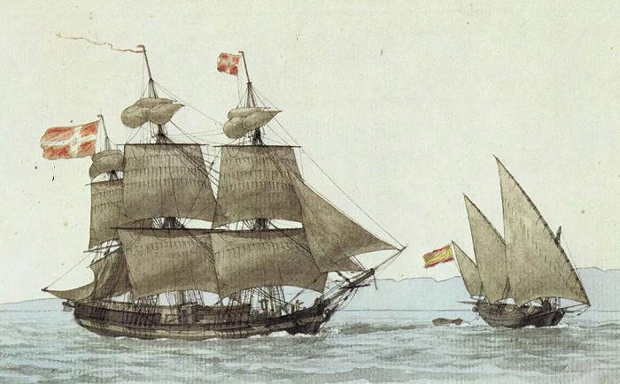 Датский трехмачтовый корабль и испанский пинк. А. Ру. 1809. На картине рядом с датским фрегатом изображен испанский пинк (справа)