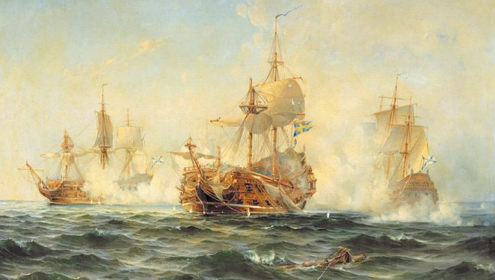 Линейный корабль «Вахтмейстер» сражается против русской эскадры в 1719 г. Л. Рихард. 1902
