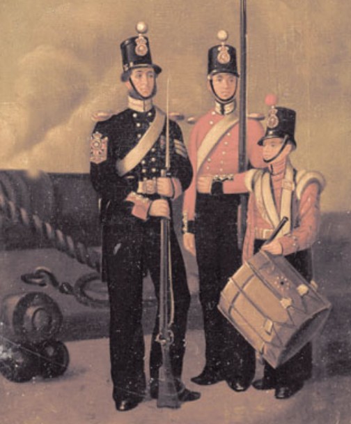 Британские морские пехотинцы и барабанщик. Ок. 1860