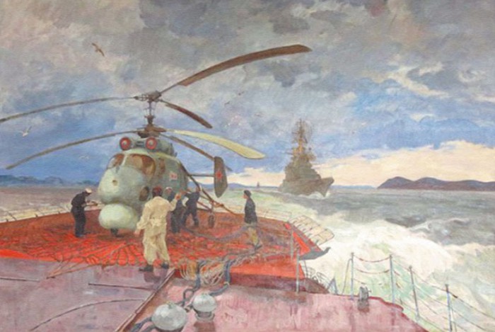 Выход в океан — подготовка вертолета к поиску. Л. П. Байков. 1974. Центральный военно-морской музей, Санкт-Петербург 