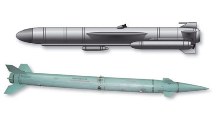 Противокорабельная ракета П-120 «Малахит» (вверху) и зенитная ракета малой дальности «Оса»