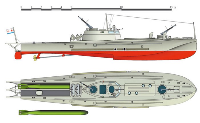 Проекции одного из вариантов знаменитого советского торпедного катера типа Г-5
