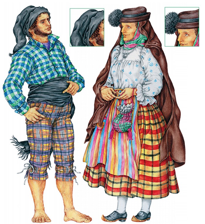 Португалка в манте и обуви на деревянной подошве; португальский рыбак в бареттине