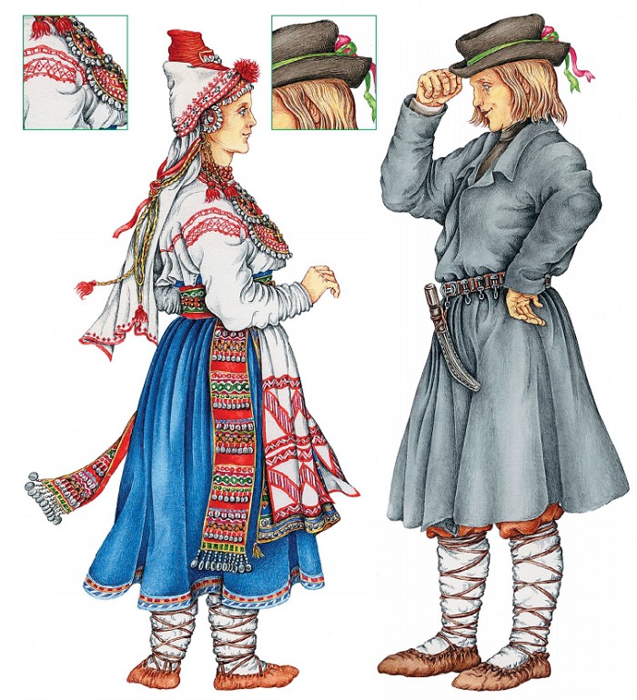 Молодая вожанка в головном уборе пайкас и нагрудниках мюэци и риссико; мужчина-вожанин в русской одежде