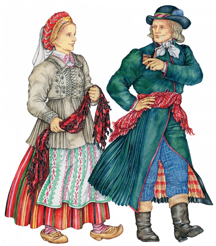 Девушка в венце и в деревянных клумпесах; мужчина в пальто на клетчатой подкладке