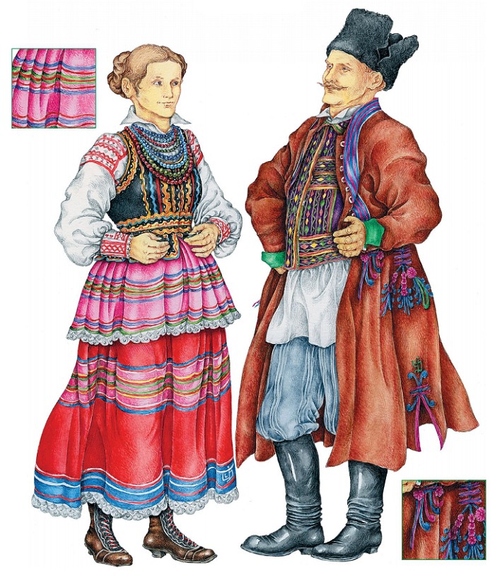 Женщина в сапожках цижмах; мужчина в жупане и шапке ялувке