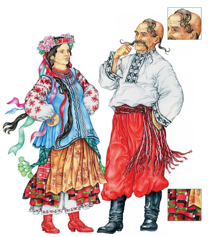 Незамужняя женщина в плахте, венке с лентами и красных черевиках; мужчина в шароварах и рубахе с вышивкой