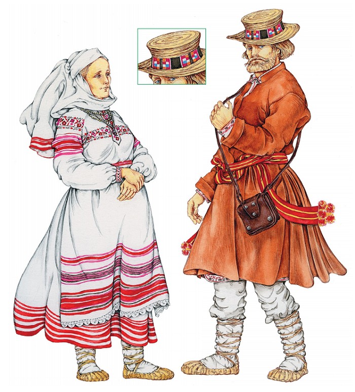 Женщина в характерном белом костюме со скромной вышивкой и в намитке; мужчина в свите с сумкой шабетой