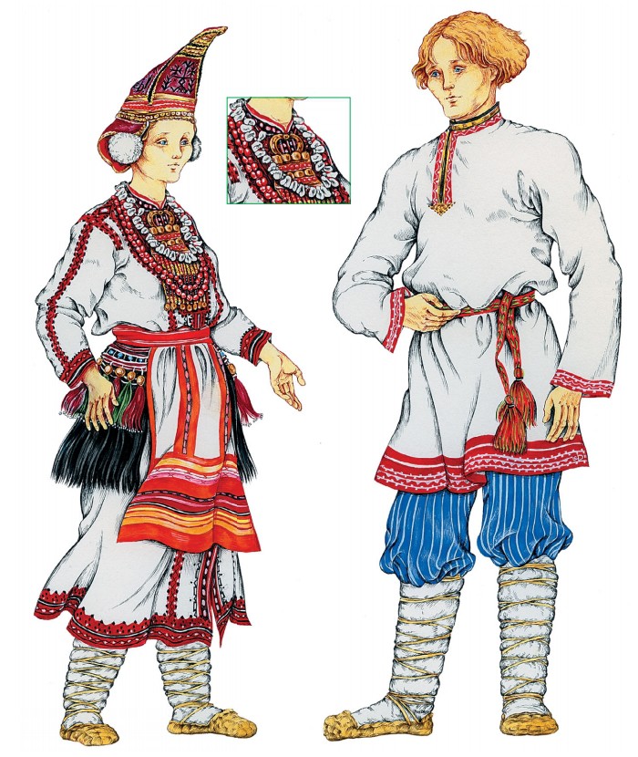 Мордва-эрзя: женщина в головном уборе панго, рубахе панар и набедренниках пулай; юноша в русском костюме
