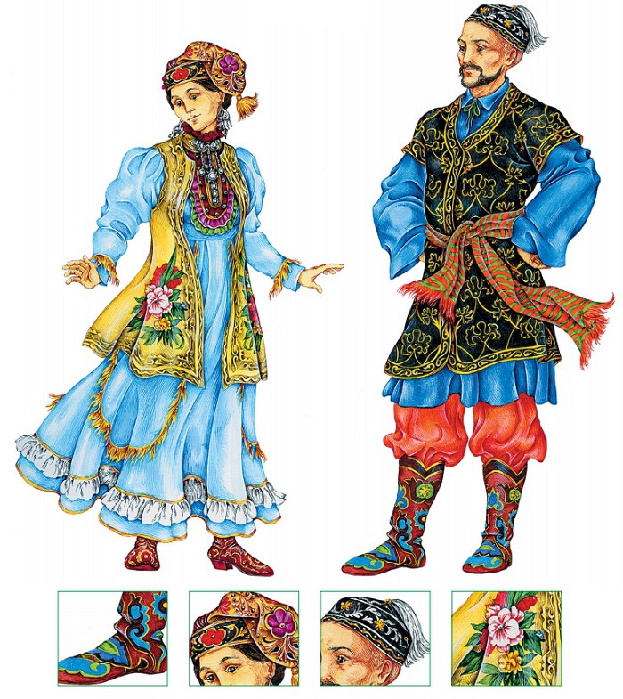 Девушка в голубом кольмэке, платье-халате и бархатном калфаке; мужчина в узорчатых казанских сапожках ичигах