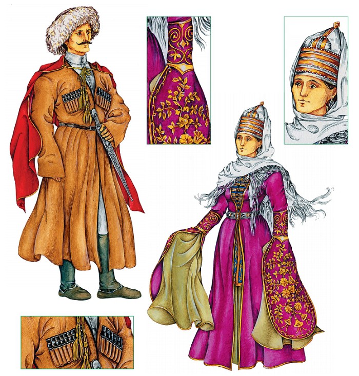 Мужчина в праздничной черкеске и красном башлыке; женщина в каптале и конусообразном головном уборе, напоминающем мужской шлем