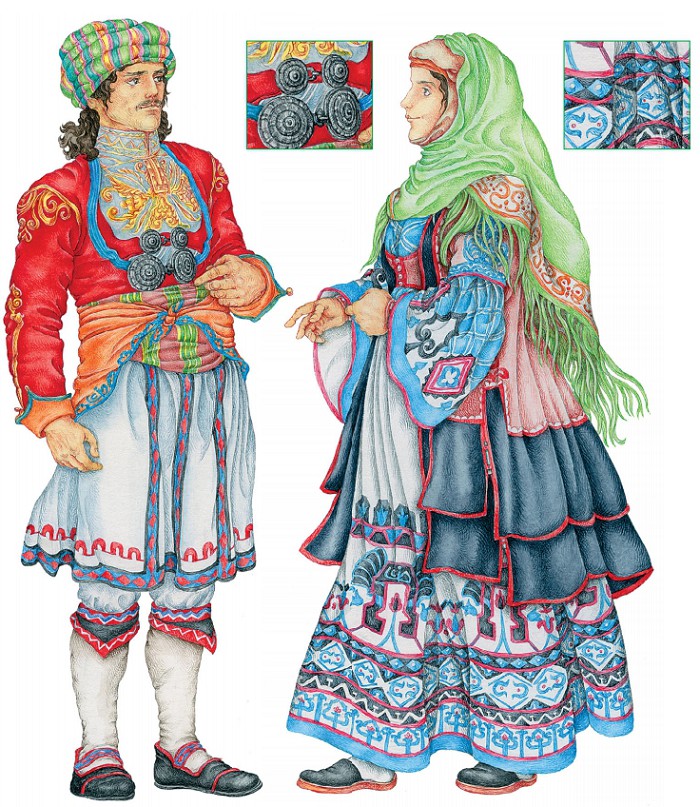 Греческий крестьянин и женщина из Афин в праздничных костюмах первой половины XIX в.