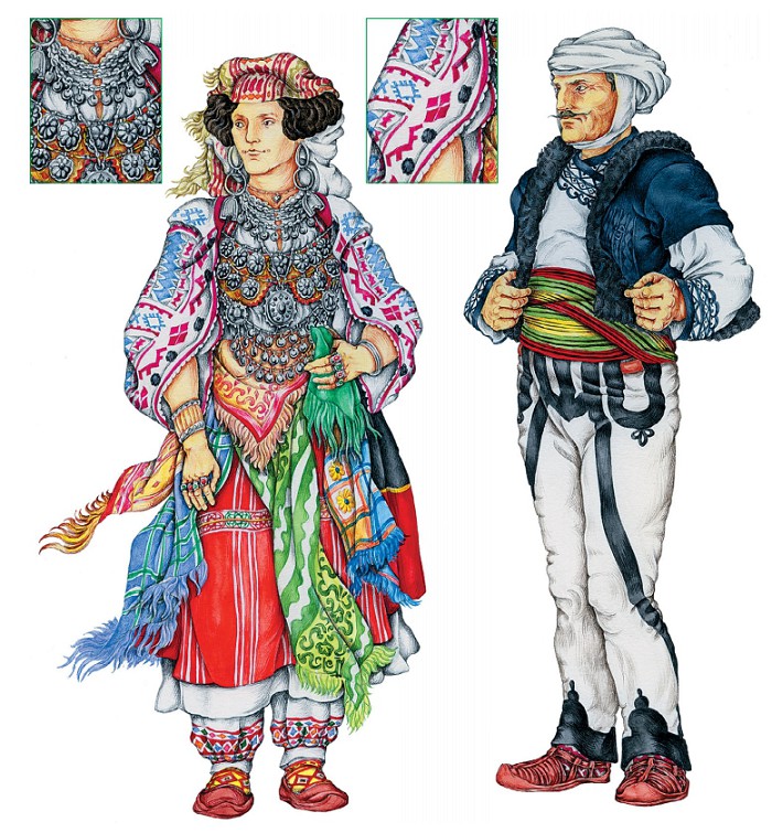 Женщина из Задримы (область Шкодер на побережье Скадарского озера); албанский горец в костюме тирчет (тирчи)