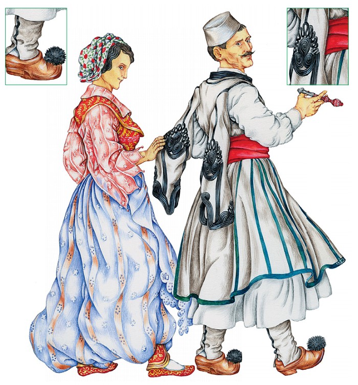 Женщина в шелковых шароварах; мужчина в старинной одежде далам