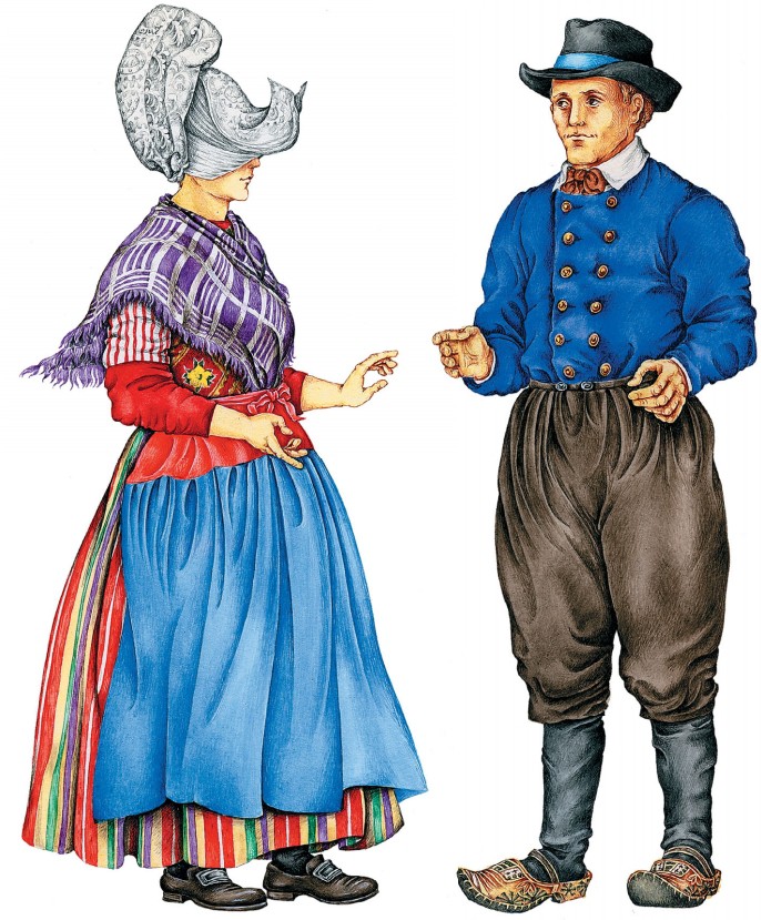 Женщина в головном уборе с «крылышками»; мужчина в кломпах и куртке, заправленной в штаны нокербокеры