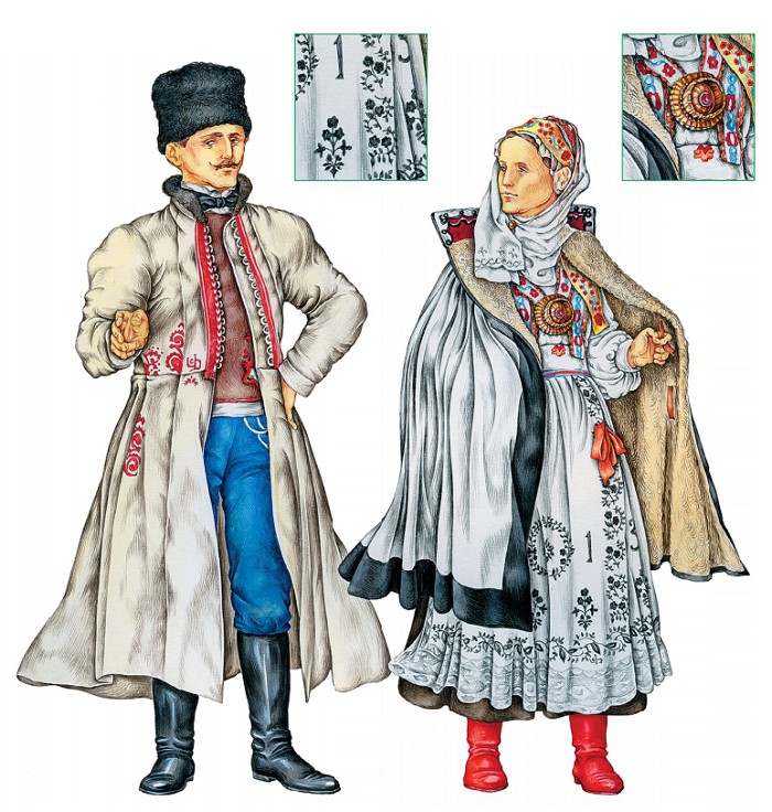 Мужчина в дубленой шубе; женщина в зимней накидке типа мужского венгерского ментика