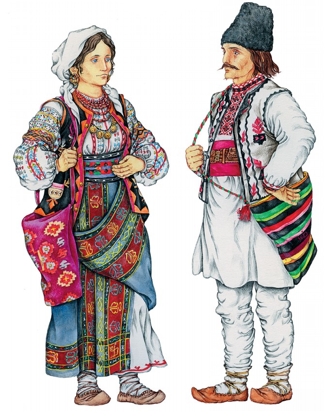 Женщина в катринцэ и с плечевой котомкой; молдавский пастух в штанах ицарь