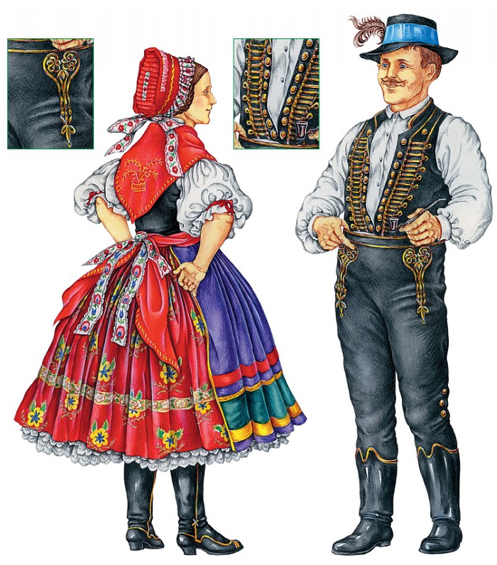 Венгерка из медье Ноград (север страны); мужчина в словацких штанах