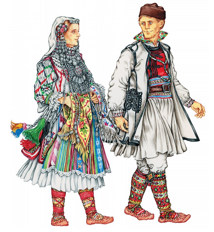 Женщина в одежде с ложными рукавами; мужчина в праздничном костюме