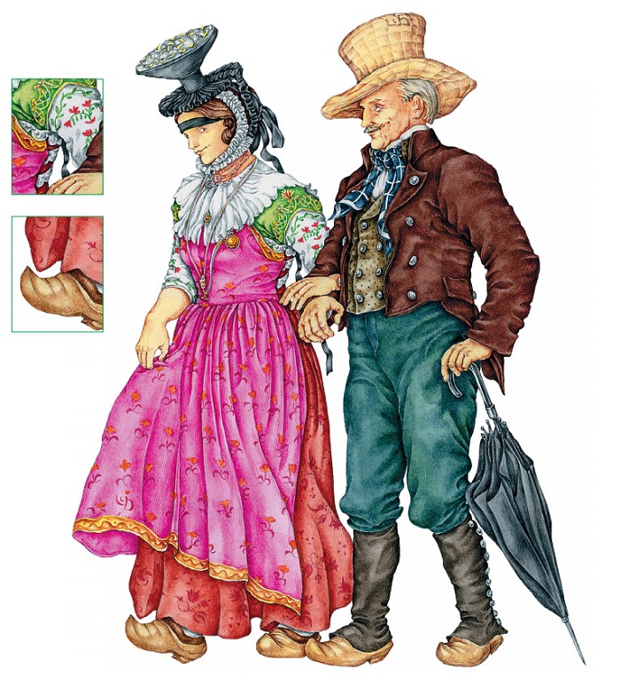 Женщина в двухъярусном головном уборе; пожилой крестьянин в праздничном костюм