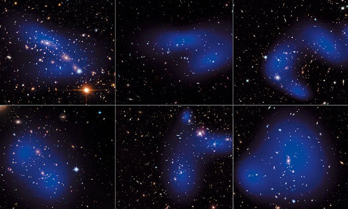 Изображения шести разных скоплений галактик