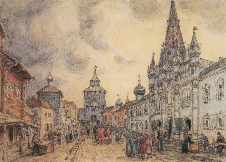 Никольская улица в конце XVII века (вид с северо-востока). А. М. Васнецов
