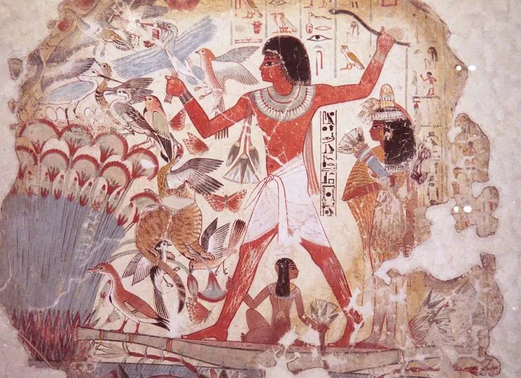 Охота на водяных птиц. Фреска из могилы богатого писца Небамуна в храме Амона в Фивах. 1350 г. до н. э. Британский музей, Лондон (Великобритания)
