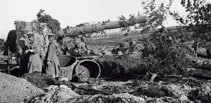 Японские солдаты рядом с частично замаскированным полевым орудием, район Циндао, 1914 г. 