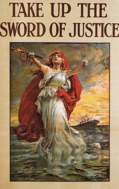 Плакат с надписью «Подними меч возмездия» призывает американцев отомстить за потопленную «Лузитанию»