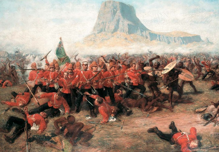 Сражение при Изандлване 22 января 1879 г. во время Англо-зулусской войны. Британские солдаты все еще одеты в красные мундиры