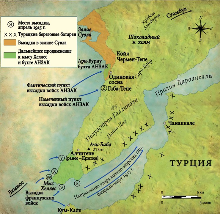 Высадки войск Антанты на полуострове Галлиполи имели целью получить контроль над проливом Дарданеллы и нанести туркам удар с тыла