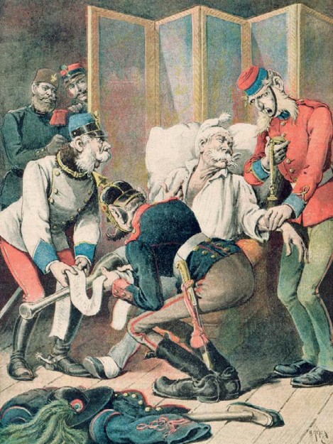 Французская карикатура, изображающая Тройственный союз Германии, Австрии и Италии, опубликованная в журнале «Le Petit Journal» в июне 1896 г.