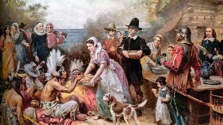 Первый День благодарения, 1621 г. Пилигримы и индейцы впервые разделяют совместную трапезу. С картины Жана Луи Жерома Ферриса